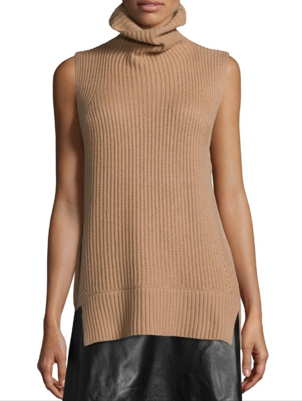Vince Sleeveless Sweater Ribbed Turtleneck Wool Cashmere Camel Brown